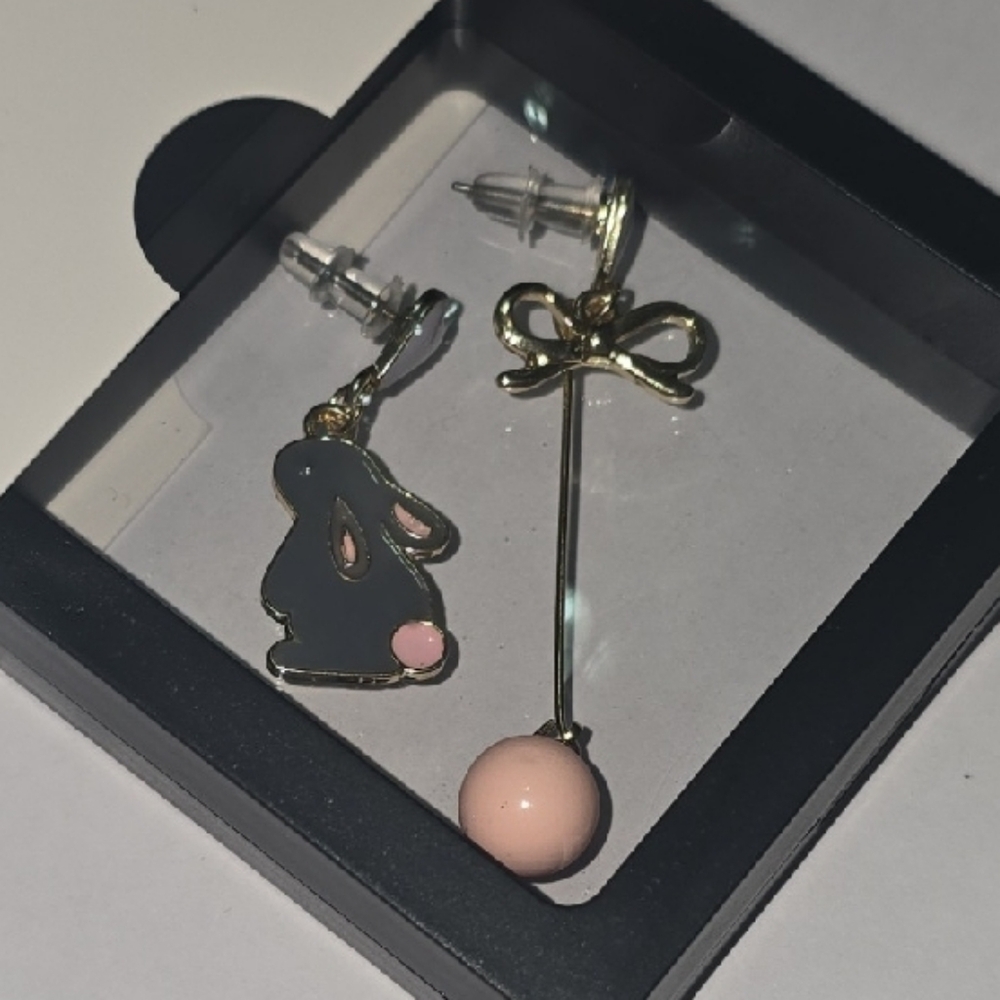 Pink Bunny and Bow Asymmetrical Drop Earrings